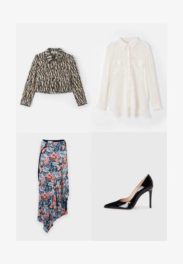 Kratka jakna v kremni barvi z črnim abstraktnim vzorcem. Ima ovratnik, gumbasto zapiranje in dva sprednja žepa z dekorativnim šivanjem.; Bela srajca s kratkimi rokavi iz lahkega blaga. Ima klasičen ovratnik, dva žepa na prsih in nekoliko daljši zadnji rob.; Rabanne Ozko oprijeto krilo - english tapestry/pink/blue/green; Črne patent usnjene visoke pete s koničastim dizajnom in elegantno silhueto. Imajo gladko, sijočo površino in ozko stiletto peto.