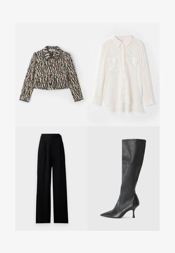 Skórzana kurtka w kremowym kolorze z czarnym abstrakcyjnym wzorem. Posiada kołnierz, zapięcie na guziki oraz dwie przednie kieszenie z dekoracyjnym przeszyciem.; Biała koszula zapinana na guziki wykonana z lekkiego materiału. Posiada klasyczny kołnierzyk, dwie kieszenie na piersiach oraz nieco dłuższy tylny brzeg.; Czarne szerokie spodnie wykonane z miękkiego materiału, posiadające wysoki pas i dopasowany pasek do przewiązywania, o gładkiej strukturze i bez widocznych wzorów.; Czarne skórzane botki do kolan z ostrym noskiem i wąskim obcasem w szpilkę. Gładka tekstura z dopasowanym krojem i przeszyciem na górnej krawędzi.