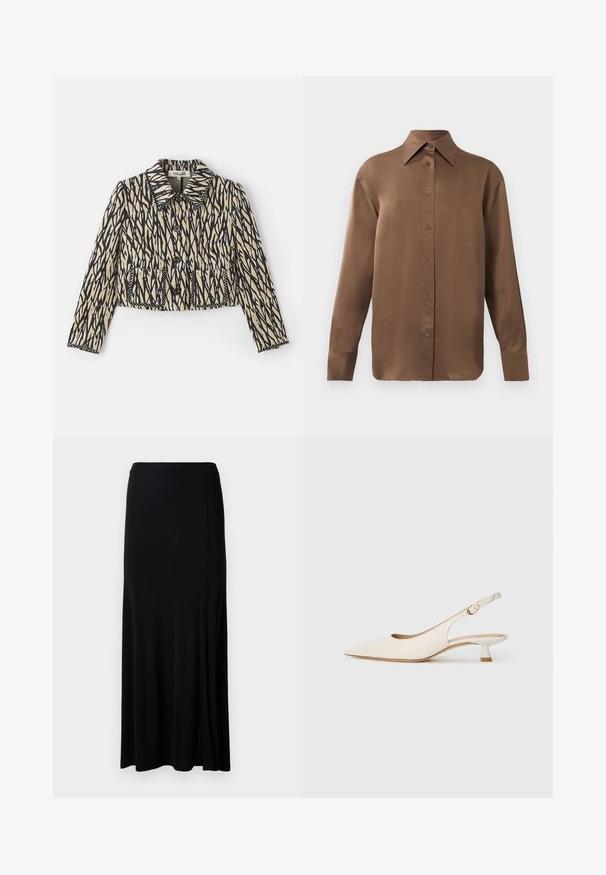 Beskuren jacka i krämfärg med svart abstrakt mönster. Har en krage, knappstängning och två framfickor med dekorativ sömnad.; Brun långärmad skjorta med knäppning, spettdetalj på kragen och manschetterna, uppvisad mot en vit bakgrund.; Svart maxiklänning i ett mjukt tyg, med en sidslits, elastisk midja och raka linjer för en minimalistisk design.; Krämfärgad spetsig slingback-sko med låg kittenklack och guldspänne på vit bakgrund.