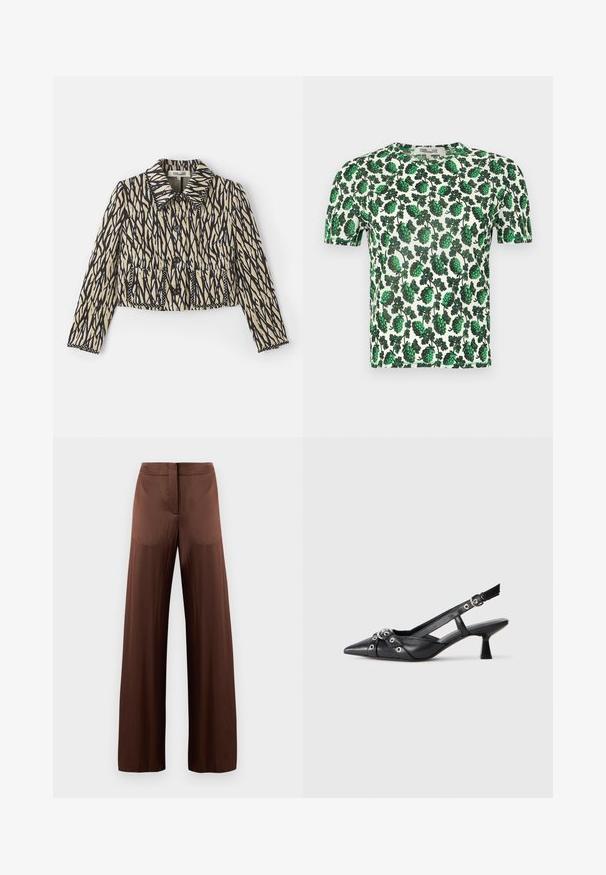 Sagriezts jaka krēmkrāsā ar melnu abstraktu rakstu. Iekļauj apkakli, pogu aizdari un divas priekšējās kabatas ar dekoratīvo šuvumu.; Zaļš ziedu īsām piedurknēm tops ar lieliem lapu rakstiem uz balta fona, izgatavots no viegla, elastīga materiāla.; Brūni platleģi bikses, izgatavotas no gludas, vieglas auduma, ar plakanu fronti, bez kabatām un taisnu siluetu.; Melnas ādas šlipsveida kurpes ar norādītu purngalu, dekoratīvām joslām ar metāla acīm un zemu bloku papēdi. Teksturēta virsma.