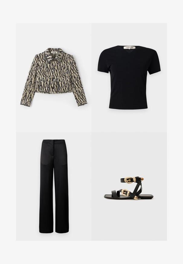 Cropped jacket in cream with black abstract pattern. Features a collar, button closure, and two front pockets with decorative stitching.; Black short-sleeve t-shirt with a V-neck design, made of a smooth, stretchy fabric. Features a simple, classic silhouette without embellishments.; Wide-leg black trousers with a textured surface, featuring a flat waistband and two side pockets. The fabric appears lightweight and flowing.; Black leather sandals with gold buckle accents, featuring multiple straps and a flat sole design for open-toe wear.