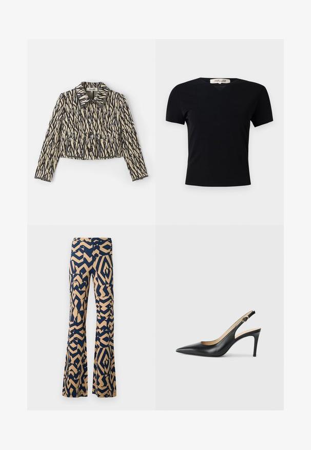Sagriezts jaka krēmkrāsā ar melnu abstraktu rakstu. Iekļauj apkakli, pogu aizdari un divas priekšējās kabatas ar dekoratīvo šuvumu.; Melnā īsām piedurknēm t-krekls ar V-veida kakla izgriezumu, izgatavots no gluda, elastīga auduma. Piedāvā vienkāršu, klasisku siluetu bez rotājumiem.; Platas bikses ar ģeometrisku rakstu tumši zilā un bēšā krāsā. Izgatavotas no mīksta auduma, ar augstu jostu un platām kājām.; Melnas ādas sandales ar augstiem papēžiem un norādītu degunu, regulējama josta un elegants stiletto papēdis, kas izceļas ar gludu apdari.