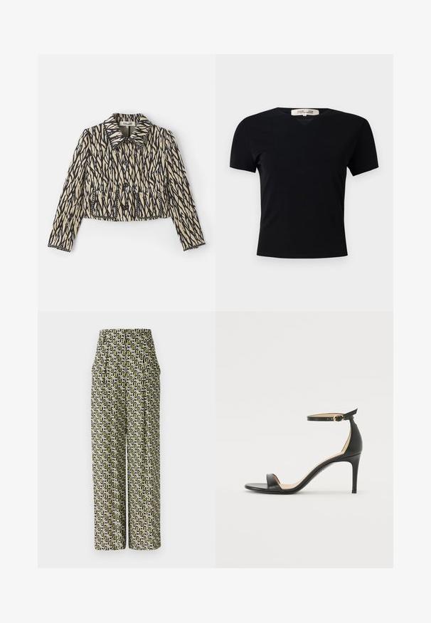 Giacca tagliata in crema con motivo astratto nero. Presenta un colletto, chiusura con bottoni e due tasche anteriori con cuciture decorative.; T-shirt nero a maniche corte con scollatura a V, realizzato in un tessuto liscio ed elastico. Presenta una silhouette semplice e classica, senza decorazioni.; Diane von Furstenberg BELLINI PANTS - Pantaloni - green; Sandal in pelle nera con tacco alto e cinturino alla caviglia. Caratteristiche: texture liscia, punta aperta e tacco sottile. Dettaglio con fibbia tono oro.