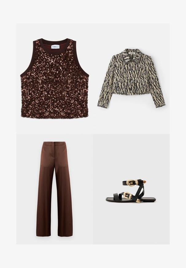 Geknipte jas in crème met zwart abstract patroon. Beschikt over een kraag, knoopsluiting en twee voorzakken met decoratieve stiksels.; Mouwloze top versierd met pailletten in rijk bruin, met een gladde bruine bies en glinsterende koperen accenten over het vooroppervlak.; Bruine wijde broek gemaakt van een gladde, lichte stof, met een rechte voorkant, zonder zakken en een rechte silhoutte.; Zwarte leren sandaal met gouden gespaccenten, voorzien van meerdere banden en een vlakke zool voor open-teenschoen gebruik.