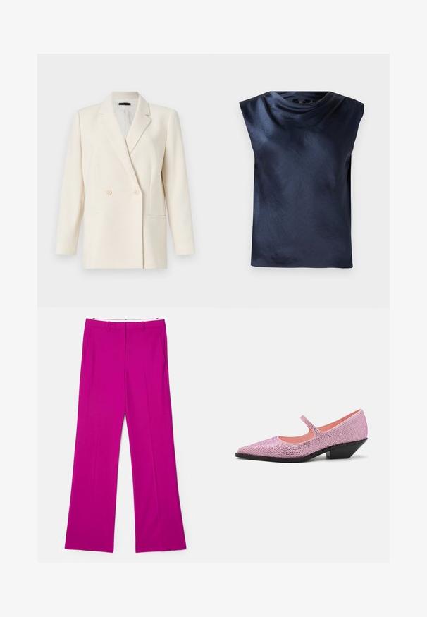 Theory Blazer - rice; Navy blue sleeveless top with a cowl neck design, made of smooth, slightly shiny fabric, featuring a relaxed fit and no visible hardware.; Fuchsia wide-leg trousers with a smooth texture, featuring front pockets and a tailored design for a structured appearance.; Pink rhinestone-embellished Mary Jane shoe with a pointed toe, open sides, and a low, angled black heel. Smooth inner lining.