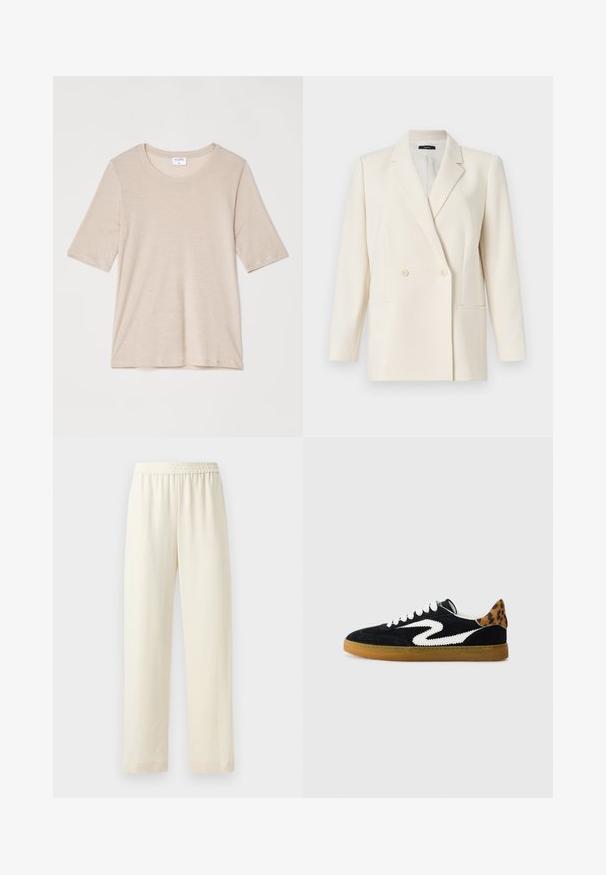 Theory Blézer - rice; Filippa K ELENA TEE - Basic póló - taupe; Krém színű, egyenes szabású nadrág, rugalmas derékrésszel, sima textúrával, látható minták vagy fémalkatrészek nélkül.; Fekete velúr sportcipő fehér cikk-cakk csíkkal, fehér fűzővel, gumitalppal és leopárdmintás részlettel a sarkán, oldalsó nézetben, fehér háttér előtt.