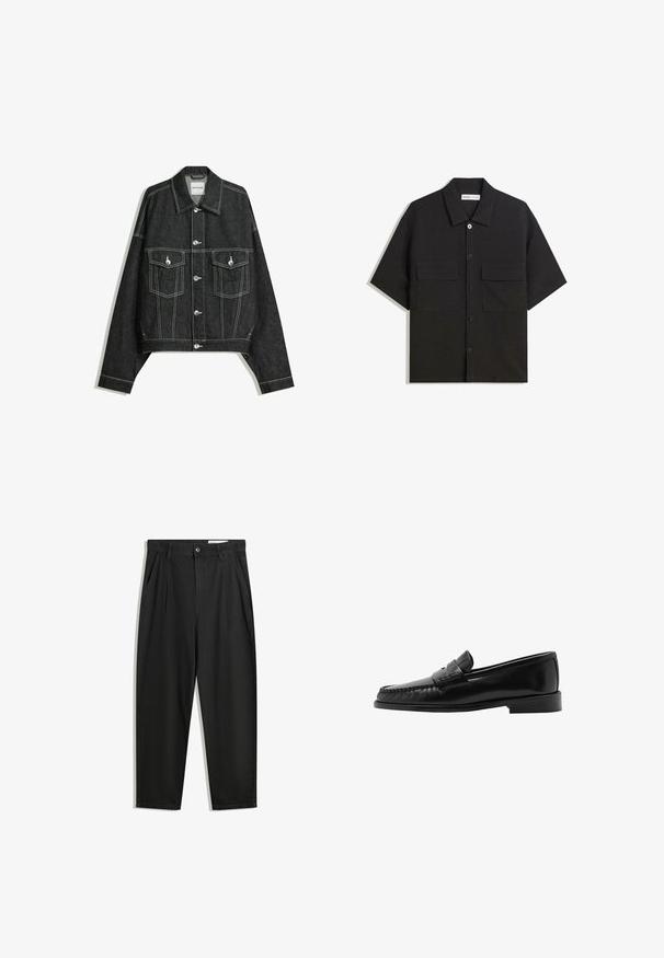 Dark denim jacket with a cropped cut, contrasting white stitching, two chest pockets, and silver snap buttons on the front.; Black short-sleeve shirt made of fabric with a smooth texture, features two front pockets, a classic collar, and button closure.; Black cotton trousers with a relaxed fit, featuring a classic waistband, front pleats, and side pockets. Smooth texture without patterns.; Mango LUISA - Slip-ons - black