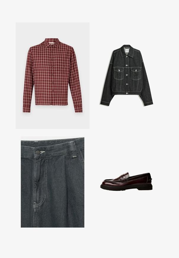 Temno modra jakna iz džinsa s skrajšanim krojem, kontrastnimi belimi šivi, dvema žepoma na prsih in srebrnimi pritisnimi gumbi spredaj.; Rdeča karirana srajca z dolgimi rokavi in usnjenim ovratnikom, z gumbnim zapiranjem in žepom na prsih. Material se zdi mehak z rahlo teksturo.; Temno sivi kavbojke z nabranim sprednjim delom, zadrgo in gumbom ter kontrastnim belim šivom. Vključujejo stransko žep za praktičnost.; Rjave usnjene loafer čevlje z zaobljenim nosom, podrobnim šivanjem in gumijastim podplatom. Imajo okrasni trak in gladko teksturo.