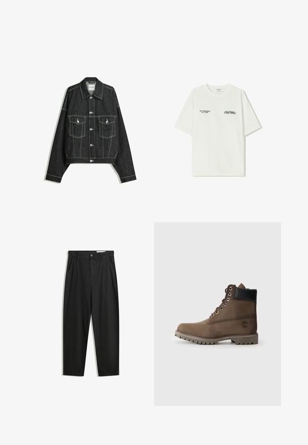 Tmavě modrá denimová bunda s krátkým střihem, kontrastním bílým prošíváním, dvěma náprsními kapsami a stříbrnými druky vpředu.; Bílý bavlněný tričko s krátkým rukávem. Na přední straně je černý text: "NE ZÍTRA, NE DNES" a "UMĚNÍ PRACOVÁNÍ S HLÍNOU" v zeleném písmu.; Černé bavlněné kalhoty s uvolněným střihem, klasickým pasem, předními záhyby a bočními kapsami. Hladká textura bez vzorů.; Hnědé kožené kotníkové boty s černým lemem, kovovými očky a robustní šedou podrážkou. Obsahují logo na boku a prošívané detaily.