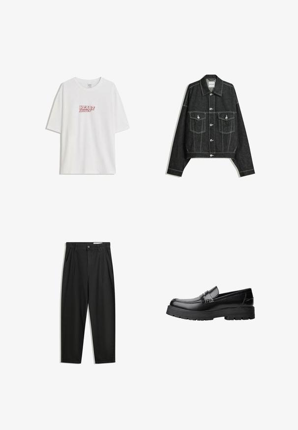 Jachetă din denim închis, cu un croi scurt, cusături albe contrastante, două buzunare pe piept și capse argintii în față.; Tricou alb din bumbac cu o croială lejeră, având inscripția roșie "HEART struck" centrată pe piept. Mâneci scurte și guler rotund.; Pantaloni negri din bumbac cu croială lejeră, având un brâu clasic, plii frontale și buzunare laterale. Textură netedă fără modele.; Mocasini din piele neagră, cu talpă groasă și profilată și bandă decorativă pe partea superioară, prezentati din profil stâng pe fundal alb.