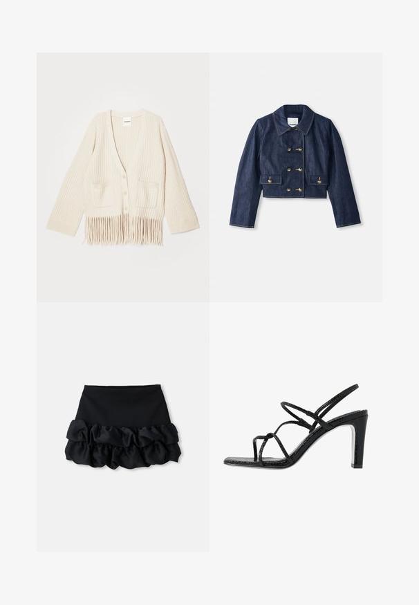 Jeansjakke med kort lengde, spiss krage, dobbel konklusion med gullknapper og to frontlommer. Har kontrasterende søm.; Kremfarget strikket cardigan med V-hals, trekvartlange ermer, to frontlommer og frynse detaljer på hemmet.; Hvit langermet ribbestrikket topp med rund hals og en rad med små knapper foran. Glatt tekstur med tettsittende design.; Svart mini-skjørt med et tettsittende topp og tre lag med volanger nederst, med en jevn tekstur og rene linjer.; Svarte hæler med tynne stropper, teksturert finish, åpen tå og et glatt, spisst hældesign. Har en myk innersåle og en blank overflate.
