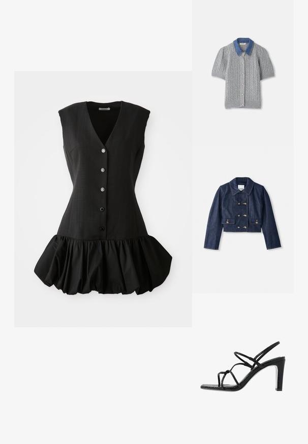 Džínová skrátená bunda s špicatým golierom, dvojradovým zapínaním na zlaté gombíky a dvomi prednými vreckami. Obsahuje kontrastné šitie.; Čierne šaty bez rukávov s hlbokým V výstrihom, gombíkovým zapínaním a ruffles na okraji. Vyrobené z hladkej tkaniny so štruktúrovaným živôtikom a jemnou textúrou.; Sivý pletený cardigan s krátkym rukávom, zdobený káblovým vzorom, s džínsovým golierom a piatimi zlatými gombíkmi na prednej strane.; Čierne sandále na podpätku s tenkými pásikmi, štruktúrovaným povrchom, otvorenou špičkou a elegantným, špicatým dizajnom podpätku. Majú hladkú stélku a lesklý povrch.