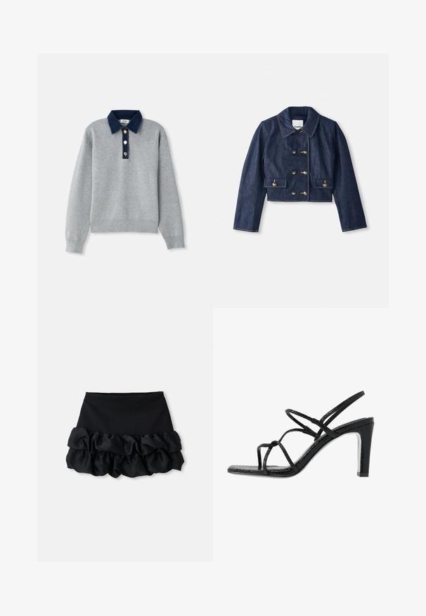 Denim cokasti jakna s uskim ovratnikom, dvostrukim zlatim gumbom na zatvaranju i dva prednja džepa. Ima kontrastne šavove.; Siv sweatshirt z temnim modrim ovratnikom iz denima, tremi zlatimi gumbi in rebrastimi manšetami. Mehka tekstura z brezskrbnim dizajnom.; Črna mini krila z oprijetim zgornjim delom in tremi plastmi nagubanega blaga na dnu, z gladko teksturo in čistimi linijami.; Črne sandale s peto z tankimi trakovi, teksturirano površino, odprto prst in eleganten, koničast peto. Imajo gladko podplat in sijočo površino.