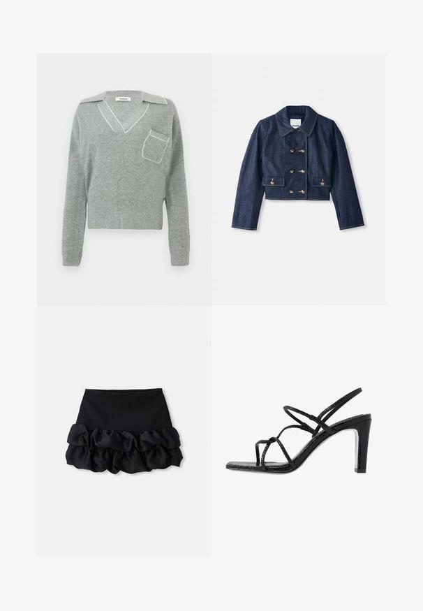 Jeansjacke in Cropped-Form mit spitzem Kragen, doppelreihiger Goldknopfverschluss und zwei Fronttaschen. Mit kontrastierenden Nähten.; Grauer Strickpullover mit V-Ausschnitt und kontrastierendem weißen Besatz, mit einer Fronttasche und langen Ärmeln. Leichte Textur.; Schwarzer Minirock mit tailliertem Oberteil und drei Lagen aus gerafftem Stoff am Saum, mit glatter Textur und klaren Linien.; Schwarze Absatzsandalen mit dünnen Riemen, strukturiertem Finish, offener Zehenpartie und einem eleganten, spitzen Absatzdesign. Verfügt über eine glatte Innensohle und eine glänzende Oberfläche.