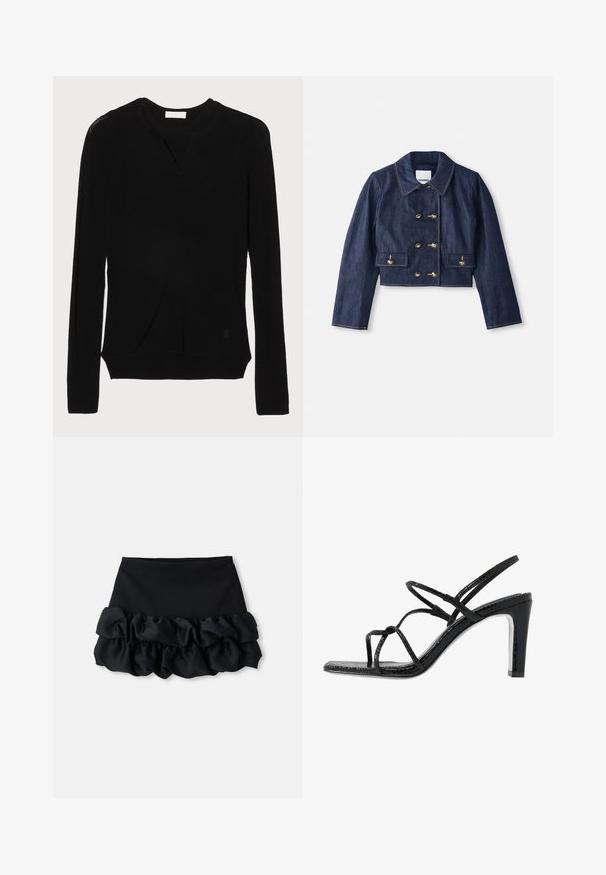 Džínová zkrácená bunda s špičatým límcem, dvojitým zapínáním na zlaté knoflíky a dvěma předními kapsami. Obsahuje kontrastní švy.; sandro Svetr - noir; Černá mini sukně s upnutým topem a třemi vrstvami volánkového materiálu na spodní části, s hladkou texturou a čistými liniemi.; Černé sandály na podpatku s tenkými pásky, strukturovaným povrchem, otevřenou špičkou a elegantním, špičatým designem podpatku. Obsahují hladkou stélku a lesklý povrch.