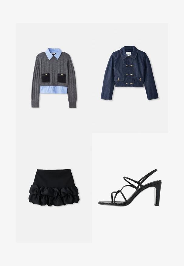 Dżinsowa kurtka typu cropped z dumnym kołnierzem, podwójnym zapięciem na złote guziki oraz dwiema kieszeniami z przodu. Posiada kontrastowe przeszycia.; Szary sweter z prążkami, z jasnoniebieską koszulą z kołnierzykiem pod spodem, z dwoma przednimi kieszeniami z ciemnoniebieskimi akcentami i detalami z guzikami.; Czarna mini spódnica z dopasowanym topem i trzema warstwami falban u dołu, o gładkiej teksturze i prostych liniach.; Czarne sandały na obcasie z cienkimi paskami, teksturowanym wykończeniem, otwartym palcem oraz eleganckim, spiczastym kształtem obcasa. Posiadają gładką wkładkę oraz błyszczącą powierzchnię.