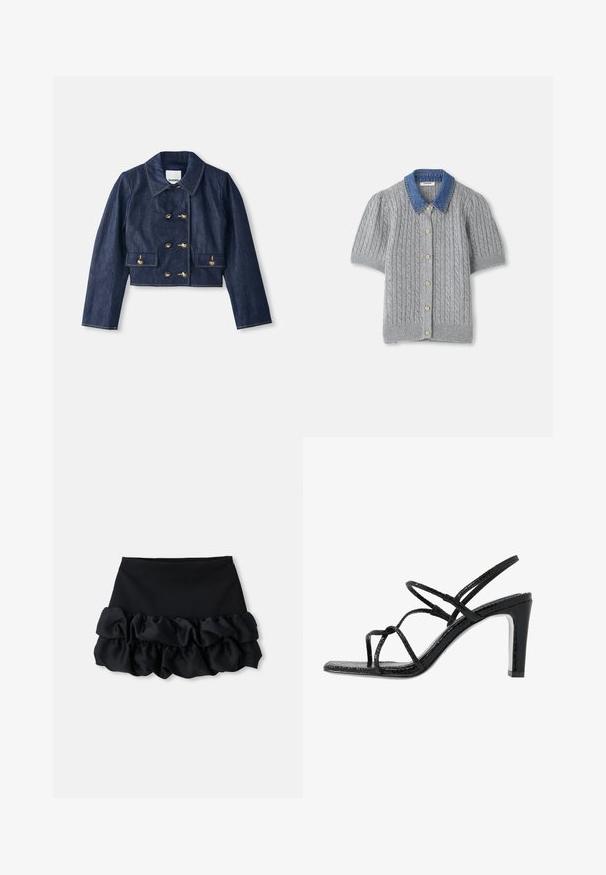 Jeansjakke med kort lengde, spiss krage, dobbel konklusion med gullknapper og to frontlommer. Har kontrasterende søm.; Grå strikket kortermet cardigan med kabelmønster, med en denimkrage og fem gullknapper foran.; Svart mini-skjørt med et tettsittende topp og tre lag med volanger nederst, med en jevn tekstur og rene linjer.; Svarte hæler med tynne stropper, teksturert finish, åpen tå og et glatt, spisst hældesign. Har en myk innersåle og en blank overflate.