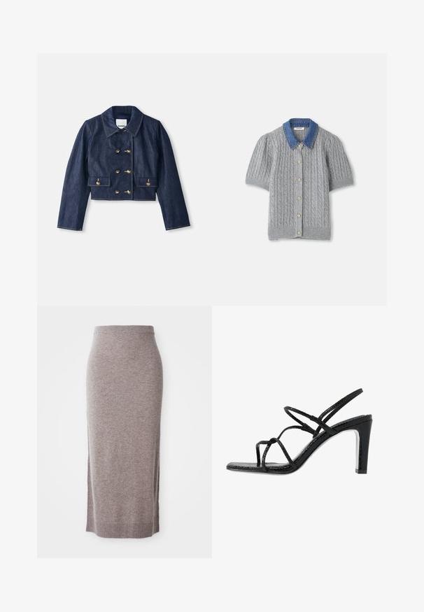 Jeansjacke in Cropped-Form mit spitzem Kragen, doppelreihiger Goldknopfverschluss und zwei Fronttaschen. Mit kontrastierenden Nähten.; Graue gestrickte Kurzarm-Cardigan mit einem Zopfmuster, ausgestattet mit einem Denim-Kragen und fünf goldenen Knöpfen auf der Vorderseite.; Knielanger, taubefarbener Strick-Bleistiftrock mit geripptem Taillenbund und Saum, der seitliche Schlitze für zusätzlichen Komfort und Stil bietet.; Schwarze Absatzsandalen mit dünnen Riemen, strukturiertem Finish, offener Zehenpartie und einem eleganten, spitzen Absatzdesign. Verfügt über eine glatte Innensohle und eine glänzende Oberfläche.
