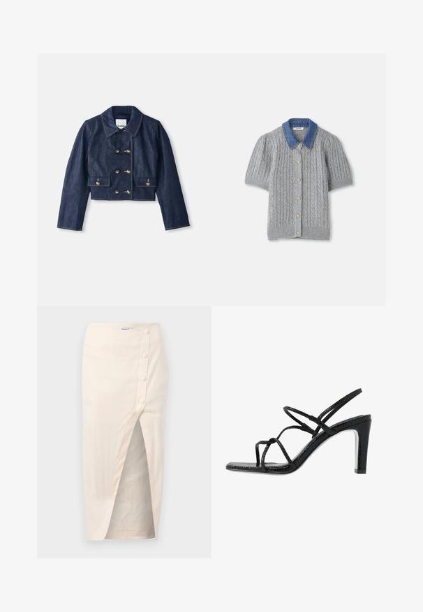 Veste en denim cropped avec un col pointu, fermeture à double boutonnage avec des boutons dorés, et deux poches avant. Présente des coutures contrastées.; Cardigan gris en tricot à manches courtes avec un motif en treillis, doté d'un col en denim et de cinq boutons dorés sur le devant.; Jupe midi en lin beige avec une fente devant, dotée d'une fermeture à bouton sur le côté gauche et d'une poche, texture lisse.; Sandales noires à talons avec des fines lanières, une finition texturée, bout ouvert et un design de talon pointu et élégant. Équipées d'une semelle intérieure lisse et d'une surface brillante.