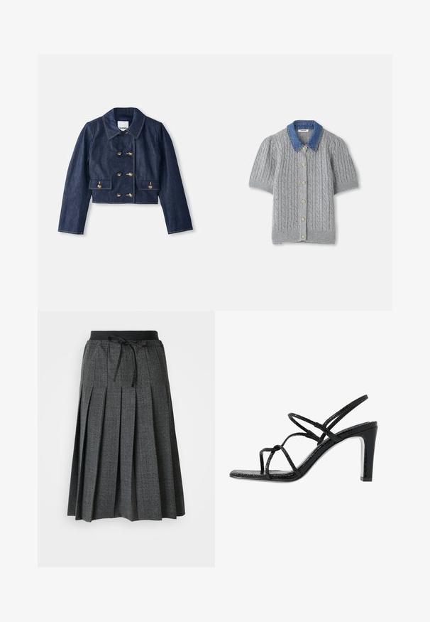 Denim cropped jas met een puntige kraag, dubbele goudkleurige knopen sluiting en twee voorzakken. Kenmerkt zich door contrasterende stiksels.; Grijze gebreide kortärmsgilet met een kabelpatroon, voorzien van een denim kraag en vijf gouden knopen aan de voorkant.; Grijze geplooide rok met een gestructureerd ruitpatroon, voorzien van een zwarte elastische tailleband en een decoratieve strikdetail aan de voorkant.; Zwarte hoge sandalen met dunne banden, een gestructureerde afwerking, open teen en een slank, puntig hakontwerp. Beschikt over een gladde inlegzool en een glanzend oppervlak.