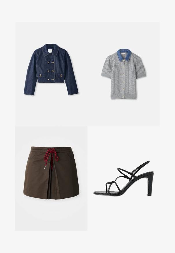 Jachetă din denim scurtă cu guler ascuțit, închidere cu butoane aurii duble și două buzunare frontale. Prezintă cusături contrastante.; Cardigan tricotat gri, cu mânecă scurtă și model în cabluri, având un guler din denim și cinci nasturi aurii în față.; Fustă din țesătură maro cu un design pliat, talie cu șnur roșu și negru și două buzunare frontale. Stil simplu și funcțional.; Sandale negre cu toc, cu barete subțiri, finisaj texturat, vârful deschis și un design elegant al tocului ascuțit. Au o talpă interioară netedă și o suprafață strălucitoare.