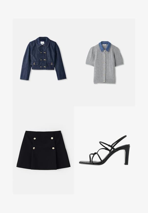 Denim krakots žakets ar norādītu apkakli, divrindu zelta pogu aizdari un divām priekšējām kabatām. Iezīmē kontrastējoša šūšana.; Pelēks adīts īsām piedurknēm kardigans ar stīgas rakstu, ar džinsa apkakli un pieciem zelta pogām priekšpusē.; Melnā mini svārku mode no elastīga auduma, ar divām zelta pogām priekšpusē, kroku dizains un taisna apakšmala.; Melnas papēžu siksniņas ar plānām siksnām, teksturētu apdari, atvērtu purngalu un elegantu, smailu papēdi. Iezīmē gludu iekšējo daļu un spīguļojošu virsmu.