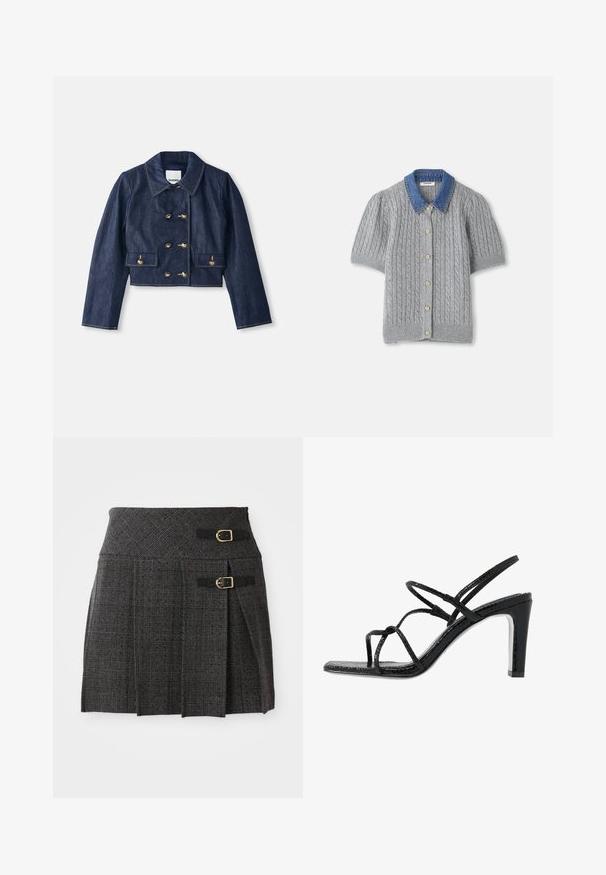 Denimo trumpas švarkas su smailiu apykakle, dvigubų auksinių sagų užtrauktuku ir dviem priekiniuose kišenėse. Yra kontrastingos siūlės.; Pilkas megztas trumpomis rankovėmis kardiganas su pynimo raštu, turintis džinsinį apykaklę ir penkis auksinius mygtukus priekyje.; Pilkos langeliais sijonas su prigludusia juosmens linija, papuoštas dviem sagtelėmis ir klostėmis. Pagamintas iš tekstūruotos medžiagos su audiniu.; Juodi aukšti sandalai su plonomis dirželėmis, tekstūruotu paviršiumi, atvira kojų pirštų dalimi ir elegantišku, smailiu kulnu. Yra lygus įdėklas ir blizgus paviršius.