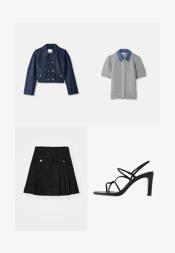 Jeansjakke med kort lengde, spiss krage, dobbel konklusion med gullknapper og to frontlommer. Har kontrasterende søm.; Grå strikket kortermet cardigan med kabelmønster, med en denimkrage og fem gullknapper foran.; Svart plissert skjørt med subtil rutete mønster, to frontlommer med klaff, hver sikret med en svart knapp, vist mot en hvit bakgrunn.; Svarte hæler med tynne stropper, teksturert finish, åpen tå og et glatt, spisst hældesign. Har en myk innersåle og en blank overflate.