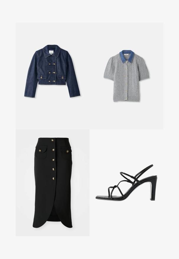 Denim cokasti jakna s uskim ovratnikom, dvostrukim zlatim gumbom na zatvaranju i dva prednja džepa. Ima kontrastne šavove.; Sivkasto pleteno kratkotrajno jopič s kabelnim vzorcem, ki vsebuje nahrbtnik iz jeansa in pet zlatih gumbov spredaj.; Črna krilna krila do kolen iz gladkega blaga, s sprednjim zapiranjem na gumbi, dvema stranskima žepoma in visokim razporkom zadaj. Okrasni gumbi v zlati barvi.; Črne sandale s peto z tankimi trakovi, teksturirano površino, odprto prst in eleganten, koničast peto. Imajo gladko podplat in sijočo površino.