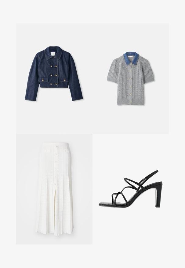 Denim cropped jas met een puntige kraag, dubbele goudkleurige knopen sluiting en twee voorzakken. Kenmerkt zich door contrasterende stiksels.; Grijze gebreide kortärmsgilet met een kabelpatroon, voorzien van een denim kraag en vijf gouden knopen aan de voorkant.; Witte midi rok met een textuur van kabelbreiwerk, voorzien van een split aan de voorkant, knoopsluiting en twee voorzakken.; Zwarte hoge sandalen met dunne banden, een gestructureerde afwerking, open teen en een slank, puntig hakontwerp. Beschikt over een gladde inlegzool en een glanzend oppervlak.
