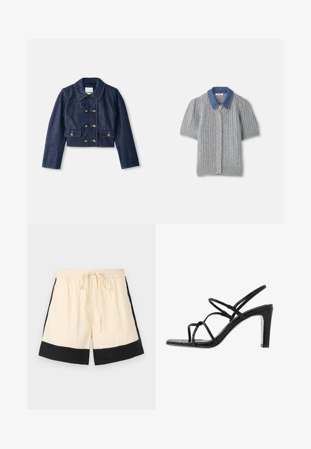 Denim skraćena jakna s šiljastim ovratnikom, dvostrukim zatvaranjem na zlatne dugmadi i dva prednja džepa. Ima kontrastno šivanje.; Sivi pleteni kardigan kratkih rukava s uzorkom pletenice, sa denimbra šalom i pet zlatnih gumba sprijeda.; Kratke hlače boje krem s crnim obrubom, elastičnim pojasom i prednjim trakama za podešavanje. Bočne strane imaju crne akcentne detalje, ističući sportski dizajn.; Crne sandale na visokoj peti s tankim trakama, teksturiranom završnom obradom, otvorenim nožnim prstima i elegantnim, šiljastim dizajnom pete. Imaju glatku unutrašnjost i sjajnu površinu.
