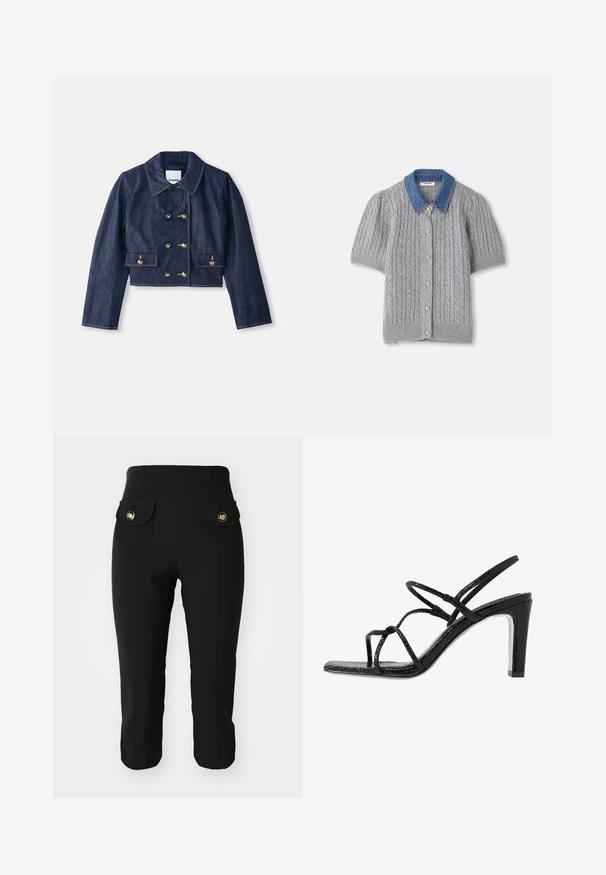 Jeansjacka i kort modell med spetsig krage, dubbelknäppt guldknappsstängning och två framfickor. Har kontraststickning.; Grå stickad kortärmad cardigan med ett flätmönster, med en denimkrage och fem guldfärgade knappar fram.; Svarta slim-fit-byxor med två framfickor med guldknappar, slät textur och kort längd. Klassisk design för mångsidig användning.; Svarta klacksandaler med tunna remmar, en strukturerad yta, öppen tå och en elegant, spetsig klackdesign. Har en slät innersula och en glänsande yta.