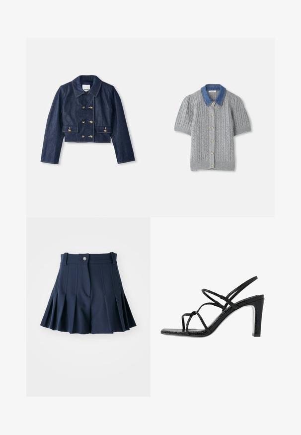 Denim krakots žakets ar norādītu apkakli, divrindu zelta pogu aizdari un divām priekšējām kabatām. Iezīmē kontrastējoša šūšana.; Pelēks adīts īsām piedurknēm kardigans ar stīgas rakstu, ar džinsa apkakli un pieciem zelta pogām priekšpusē.; Jūras spēku zīmola plīšu šorti ar jostu, kas iekļauj priekšējo pogu un pielāgotu dizainu. Izgatavoti no gludas auduma, piemēroti ikdienas valkāšanai.; Melnas papēžu siksniņas ar plānām siksnām, teksturētu apdari, atvērtu purngalu un elegantu, smailu papēdi. Iezīmē gludu iekšējo daļu un spīguļojošu virsmu.