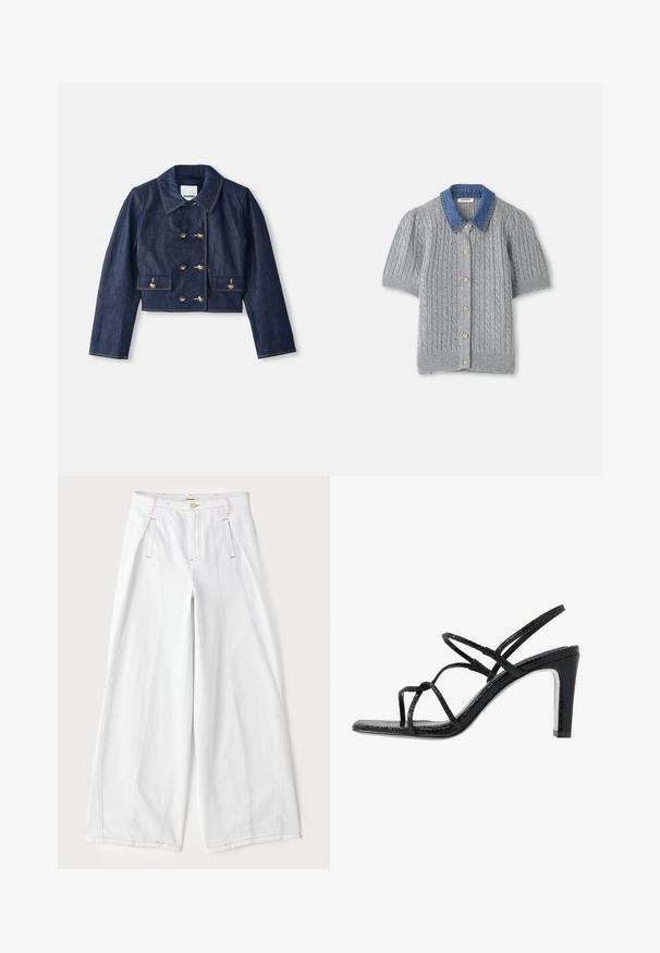 Chaqueta de mezclilla corta con cuello puntiagudo, cierre de botones dorados de doble botonadura y dos bolsillos frontales. Presenta costuras en contraste.; Cárdigan gris de punto y manga corta con un patrón de trenzas, que presenta un cuello de mezclilla y cinco botones dorados en la parte delantera.; Pantalones anchos blancos de mezclilla, con costuras naranjas en contraste, pliegues delanteros y un diseño clásico de cinco bolsillos.; Sandalias de tacón negro con cintas finas, un acabado texturizado, punta abierta y un diseño de tacón afilado y elegante. Presenta una plantilla suave y una superficie brillante.