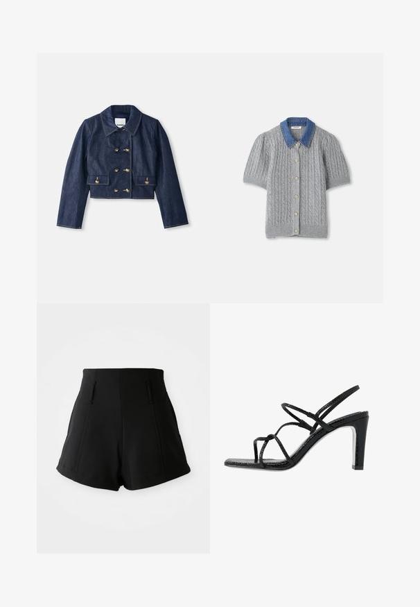 Jeansjacke in Cropped-Form mit spitzem Kragen, doppelreihiger Goldknopfverschluss und zwei Fronttaschen. Mit kontrastierenden Nähten.; Graue gestrickte Kurzarm-Cardigan mit einem Zopfmuster, ausgestattet mit einem Denim-Kragen und fünf goldenen Knöpfen auf der Vorderseite.; Hochgeschnittene schwarze Shorts aus glattem Stoff, mit zwei Vorderentaschen, taillierter Passform und klaren, schlichten Linien.; Schwarze Absatzsandalen mit dünnen Riemen, strukturiertem Finish, offener Zehenpartie und einem eleganten, spitzen Absatzdesign. Verfügt über eine glatte Innensohle und eine glänzende Oberfläche.