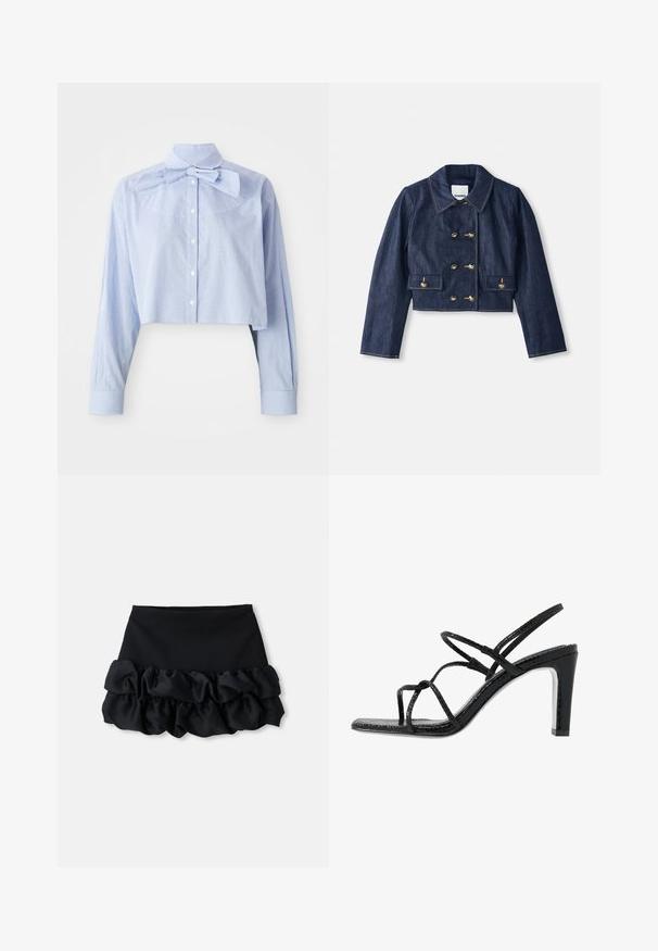Denim cokasti jakna s uskim ovratnikom, dvostrukim zlatim gumbom na zatvaranju i dva prednja džepa. Ima kontrastne šavove.; Svetlo modra in bela majica s kratkimi rokavi in malimi špikanimi kvadrati, z gumbi na sprednji strani, visokim ovratnikom in velikim detajlom v obliki mašne.; Črna mini krila z oprijetim zgornjim delom in tremi plastmi nagubanega blaga na dnu, z gladko teksturo in čistimi linijami.; Črne sandale s peto z tankimi trakovi, teksturirano površino, odprto prst in eleganten, koničast peto. Imajo gladko podplat in sijočo površino.