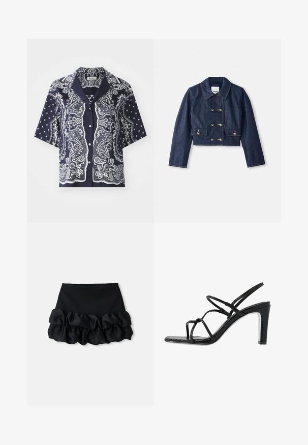 Džínová skrátená bunda s špicatým golierom, dvojradovým zapínaním na zlaté gombíky a dvomi prednými vreckami. Obsahuje kontrastné šitie.; sandro RECOUPE - Blúzka so zapínaním na gombíky - bleu/blanc; Čierna mini sukňa s priliehavým topom a tromi vrstvami volánikovej textílie na spodnej časti, s hladkou štruktúrou a čistými líniami.; Čierne sandále na podpätku s tenkými pásikmi, štruktúrovaným povrchom, otvorenou špičkou a elegantným, špicatým dizajnom podpätku. Majú hladkú stélku a lesklý povrch.