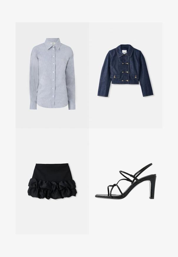 Chaqueta de mezclilla corta con cuello puntiagudo, cierre de botones dorados de doble botonadura y dos bolsillos frontales. Presenta costuras en contraste.; Camisa de botones azul claro en una tela texturizada, con cuello clásico, mangas largas y un bolsillo en el pecho.; Minifalda negra con un ajuste ceñido en la parte superior y tres capas de tela con volantes en la parte inferior, con una textura suave y líneas limpias.; Sandalias de tacón negro con cintas finas, un acabado texturizado, punta abierta y un diseño de tacón afilado y elegante. Presenta una plantilla suave y una superficie brillante.