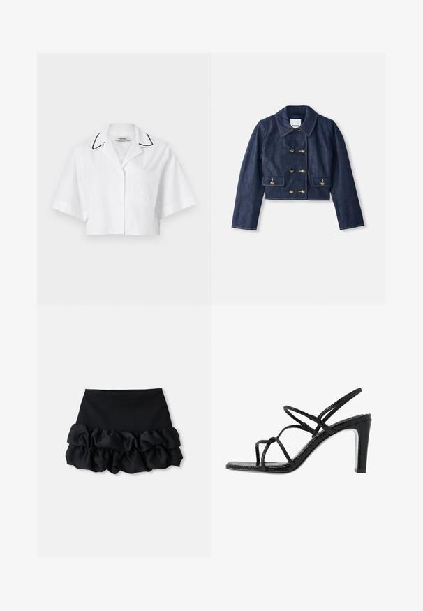Kappa denim cropattu jakke med spiss krage, dobbel rad med gullknapper, og to frontlommer. Har kontrasterende sømmer.; Valkoinen lyhythihainen cropped-paita, jossa on nappikiinnitys, rintatasku ja musta piping kauluksessa. Valmistettu kevyestä, hengittävästä kankaasta.; Mustat minihameet, joissa on istuva yläosa ja kolme kerrosta rypytettyä kangasta alareunassa, sileä pinta ja siistit linjat.; Mustat korkokengät avonaisilla varpailla, ohuilla remmeillä, teksturoidulla pinnalla ja tyylikkäällä, teräväkärkisellä korolla. Sisältää sileän sisäpohjan ja kiiltävän pinnan.