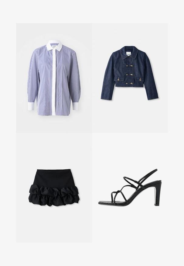 Jeansjakke med kort lengde, spiss krage, dobbel konklusion med gullknapper og to frontlommer. Har kontrasterende søm.; Blå og hvit vertikalt stripet skjorte med hvit krage og mansjetter, med en knapp-ned foran og løse, vide ermer.; Svart mini-skjørt med et tettsittende topp og tre lag med volanger nederst, med en jevn tekstur og rene linjer.; Svarte hæler med tynne stropper, teksturert finish, åpen tå og et glatt, spisst hældesign. Har en myk innersåle og en blank overflate.