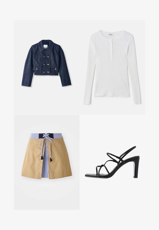 Farmert vívetett cropped dzseki hegyes gallérral, dupla gombos arany gombzárral és két elülső zsebbel. Kontrasztos varrással készül.; Fehér, hosszú ujjú, bordázott felső, kerek nyakkivágással és egy sor kis gombbal az elején. Simára textúrázott, testhezálló dizájn.; Barna szoknya kék csíkkal díszített derékkal, fűzős elülső résszel és fekete részletekkel. Sima anyagú, közepes hosszúságú, szabott kialakítással.; Fekete magassarkú szandál vékony pántokkal, texturált felsőrésszel, nyitott orral és karcsú, hegyes sarkú kialakítással. Simább talpbélével és fényes felületével rendelkezik.