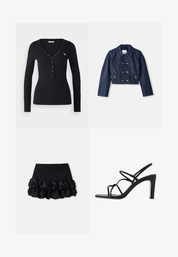 Kappa denim cropattu jakke med spiss krage, dobbel rad med gullknapper, og to frontlommer. Har kontrasterende sømmer.; Abercrombie & Fitch ICON HENLEY - Pitkähihainen paita - black; Mustat minihameet, joissa on istuva yläosa ja kolme kerrosta rypytettyä kangasta alareunassa, sileä pinta ja siistit linjat.; Mustat korkokengät avonaisilla varpailla, ohuilla remmeillä, teksturoidulla pinnalla ja tyylikkäällä, teräväkärkisellä korolla. Sisältää sileän sisäpohjan ja kiiltävän pinnan.