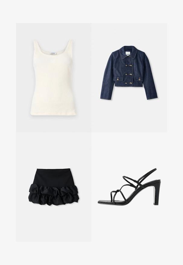 Kappa denim cropattu jakke med spiss krage, dobbel rad med gullknapper, og to frontlommer. Har kontrasterende sømmer.; Kermittönkoinen ribbattu toppi, jossa on pyöreä pääntie, kapeat hihnat ja pieni logo edessä. Pehmeä rakenne, myötäilevä siluetti ja suora helma.; Mustat minihameet, joissa on istuva yläosa ja kolme kerrosta rypytettyä kangasta alareunassa, sileä pinta ja siistit linjat.; Mustat korkokengät avonaisilla varpailla, ohuilla remmeillä, teksturoidulla pinnalla ja tyylikkäällä, teräväkärkisellä korolla. Sisältää sileän sisäpohjan ja kiiltävän pinnan.