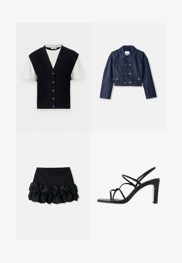 Denimo trumpas švarkas su smailiu apykakle, dvigubų auksinių sagų užtrauktuku ir dviem priekiniuose kišenėse. Yra kontrastingos siūlės.; sandro JONAS - Marškinėliai su spaudiniu - noir; Juoda mini sijonas su prigludusia viršutine dalimi ir trimis raukšlėto audinio sluoksniais apačioje, su lygiu paviršiumi ir švariais kontūrais.; Juodi aukšti sandalai su plonomis dirželėmis, tekstūruotu paviršiumi, atvira kojų pirštų dalimi ir elegantišku, smailiu kulnu. Yra lygus įdėklas ir blizgus paviršius.
