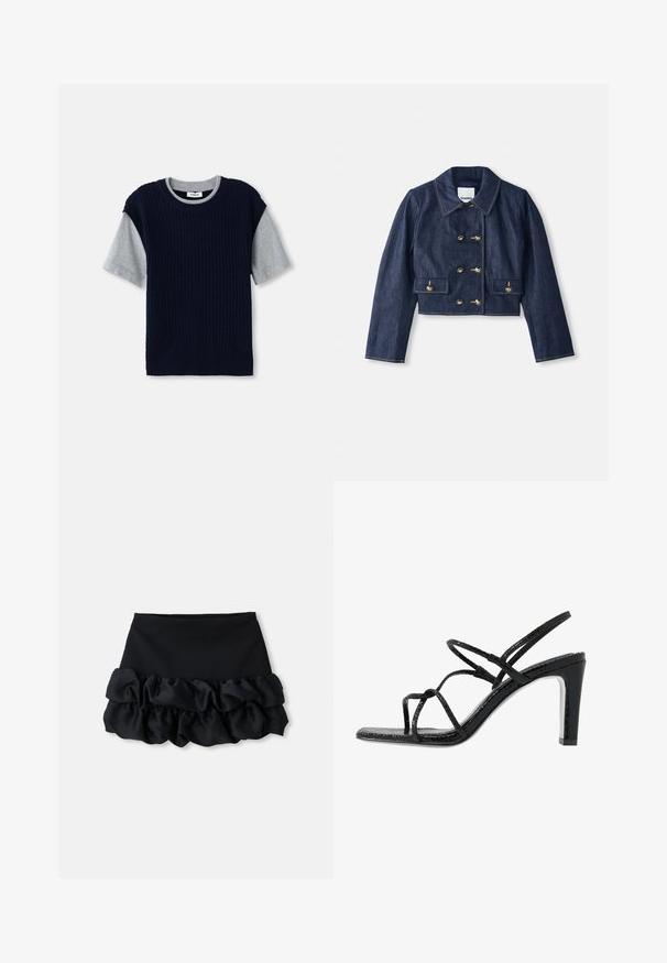 Džínová zkrácená bunda s špičatým límcem, dvojitým zapínáním na zlaté knoflíky a dvěma předními kapsami. Obsahuje kontrastní švy.; Námořnický pletený svetr s šedými krátkými rukávy, kulatým výstřihem a žebrovanou texturou. Obsahuje kontrastní barvy v vrstveném designu.; Černá mini sukně s upnutým topem a třemi vrstvami volánkového materiálu na spodní části, s hladkou texturou a čistými liniemi.; Černé sandály na podpatku s tenkými pásky, strukturovaným povrchem, otevřenou špičkou a elegantním, špičatým designem podpatku. Obsahují hladkou stélku a lesklý povrch.