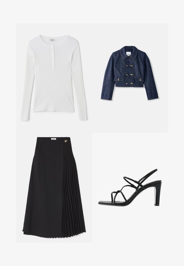 Jeansjacke in Cropped-Form mit spitzem Kragen, doppelreihiger Goldknopfverschluss und zwei Fronttaschen. Mit kontrastierenden Nähten.; Weißes, langärmeliges, geripptes Oberteil mit Rundhalskragen und einer Reihe kleiner Knöpfe an der Vorderseite. Glatte Textur mit enganliegender Passform.; Graue gestrickte Kurzarm-Cardigan mit einem Zopfmuster, ausgestattet mit einem Denim-Kragen und fünf goldenen Knöpfen auf der Vorderseite.; Schwarze Midirock mit Plissee-Design auf einer Seite, aus leichtem Stoff gefertigt, mit unsichtbarem Reißverschluss und Seitentaschen.; Schwarze Absatzsandalen mit dünnen Riemen, strukturiertem Finish, offener Zehenpartie und einem eleganten, spitzen Absatzdesign. Verfügt über eine glatte Innensohle und eine glänzende Oberfläche.