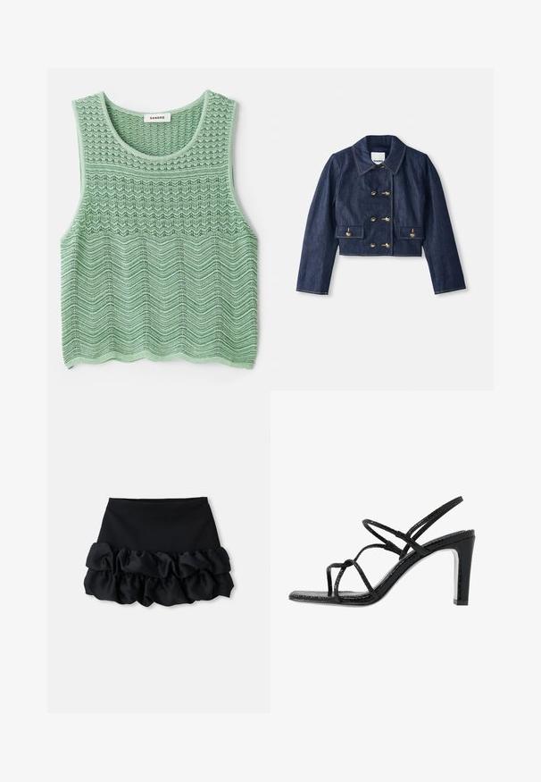 Denim krakots žakets ar norādītu apkakli, divrindu zelta pogu aizdari un divām priekšējām kabatām. Iezīmē kontrastējoša šūšana.; Zaļa adīta bez piedurknēm augšdaļa ar teksturētu viļņu rakstu, aprīkota ar noapaļotu kakla izgriezumu un taisnu apakšmalu. Marķējums: Sandro.; Melnā mini svārki ar piegulīgu augšu un trim ruffles slāņiem apakšā, ar gludu tekstūru un tīrām līnijām.; Melnas papēžu siksniņas ar plānām siksnām, teksturētu apdari, atvērtu purngalu un elegantu, smailu papēdi. Iezīmē gludu iekšējo daļu un spīguļojošu virsmu.