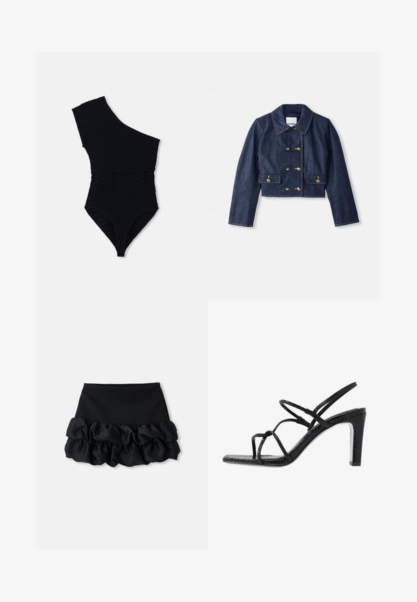 Farmert vívetett cropped dzseki hegyes gallérral, dupla gombos arany gombzárral és két elülső zsebbel. Kontrasztos varrással készül.; Fekete egyrészes fürdőruha egy vállpántos dizájnnal, texturált bordázott anyagból, magas szabású lábakkal és testhez simuló siluettel.; Fekete mini szoknya, amely illeszkedő topból készült, és alján három réteg fodros anyag található, sima textúrával és tiszta vonalakkal.; Fekete magassarkú szandál vékony pántokkal, texturált felsőrésszel, nyitott orral és karcsú, hegyes sarkú kialakítással. Simább talpbélével és fényes felületével rendelkezik.