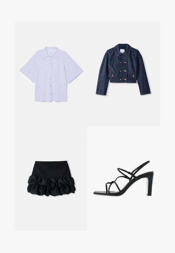 Chaqueta de mezclilla corta con cuello puntiagudo, cierre de botones dorados de doble botonadura y dos bolsillos frontales. Presenta costuras en contraste.; Camisa de manga corta en color lavanda con cuello puntiagudo, hecha de una tela suave, con cierre de botones en la parte frontal y un silueta cuadrada.; Minifalda negra con un ajuste ceñido en la parte superior y tres capas de tela con volantes en la parte inferior, con una textura suave y líneas limpias.; Sandalias de tacón negro con cintas finas, un acabado texturizado, punta abierta y un diseño de tacón afilado y elegante. Presenta una plantilla suave y una superficie brillante.