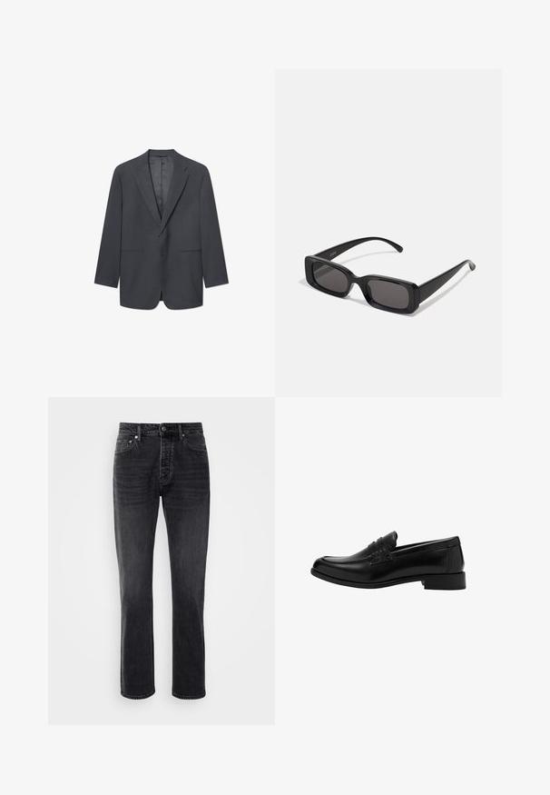 Dark gray men's blazer with notch lapels, single-button closure, two front pockets, and a smooth interior lining. Tailored fit.; White short-sleeve t-shirt made of cotton, featuring a round neckline and relaxed fit with straight hem. No patterns or embellishments.; Dark gray denim jeans with a straight leg cut, featuring five pockets, a button closure, and subtle fading details.; Black leather loafer with a rounded toe, pleated front detail, textured accents, and a low heel, set against a plain background.; Black rectangular sunglasses with dark lenses, glossy finish, wide arms, and a chunky frame design. Engraved brand name on one arm.
